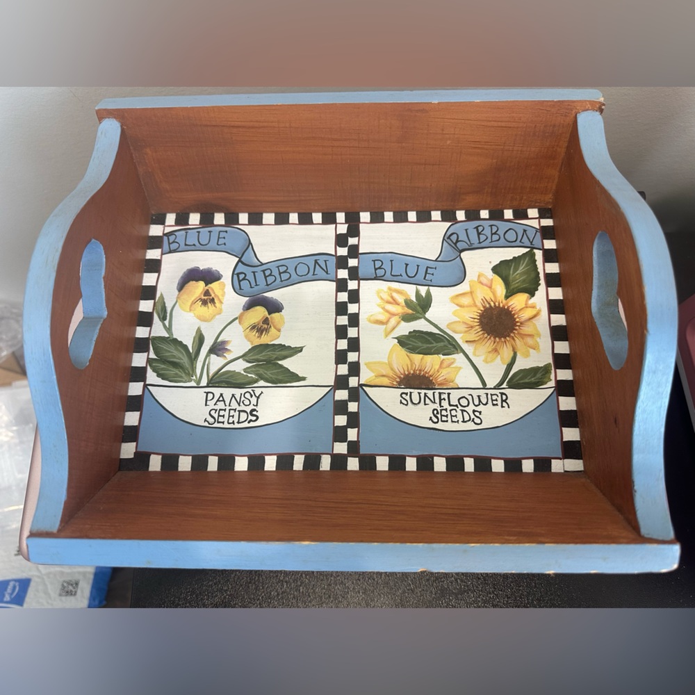 Vintage Wood Serving Tray With Heart  Handles Hand Painted Handmade Blue